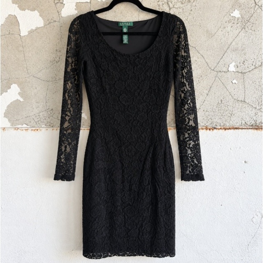 Lauren Ralph Lauren Lace Dress Long Sleeve Sheath Cocktail Evening Black Medium